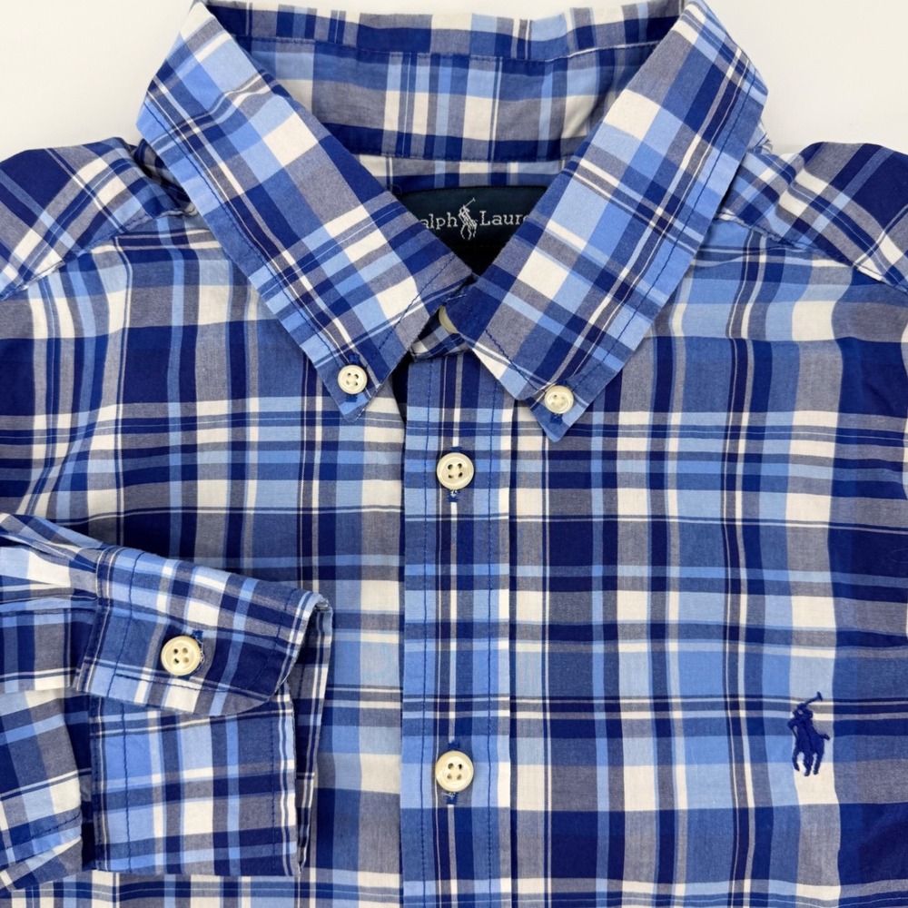 Ralph Lauren Kids L (14/16) Blue Plaid Button Down Shirt Cotton‎ Long Sleeve